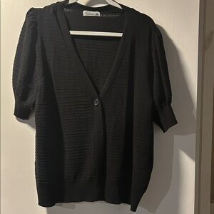 Madison Black Textured V-Neck Cardigan with Short Puff Sleeves